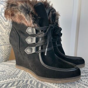 Black Wedge Ankle Boots with Faux Fur Trim